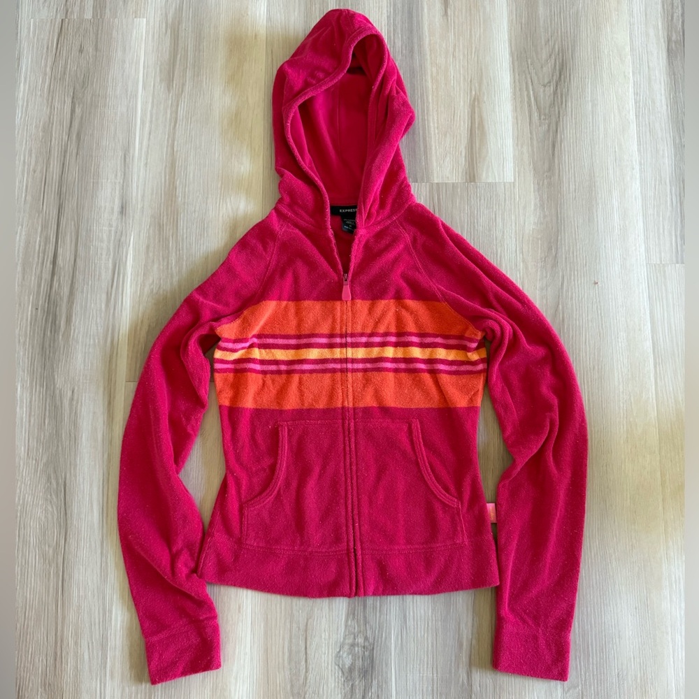 Y2K Express Pink Terry Cloth Zip-Up Hoodie